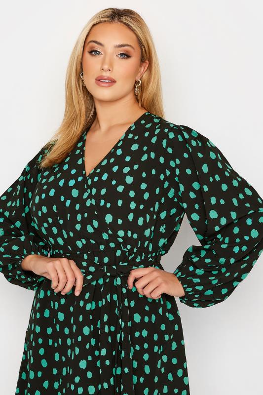 Plus Size Black & Green Dalmatian Print Balloon Sleeve Wrap Top | Yours Clothing 4