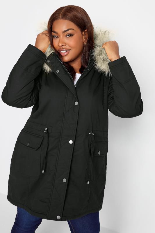 YOURS Curve Plus Size Black Faux Fur Hood Parka Coat | Yours Clothing  2