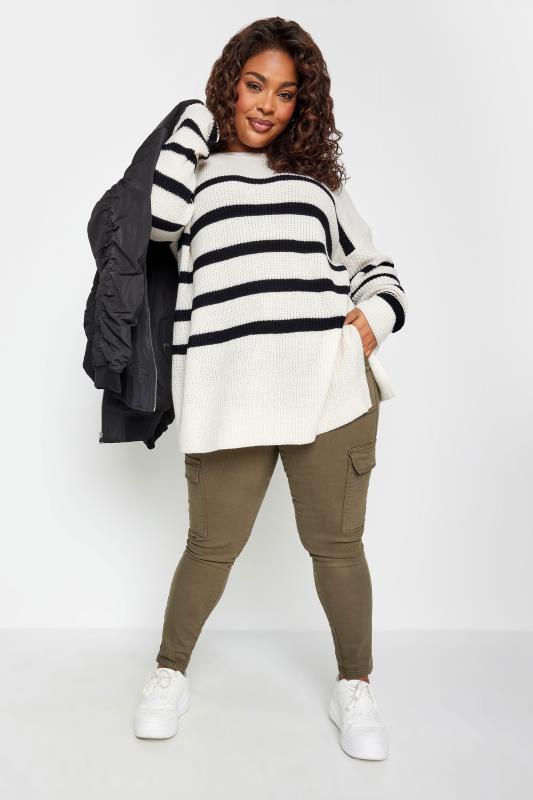 YOURS Plus Size White Stripe Side Split Knitted Jumper | Yours Clothing 3