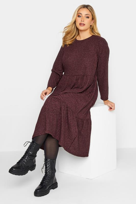 Curve Plus Size Burgundy Red Ribbed Midi Tier Dress | Yours Clothing 2