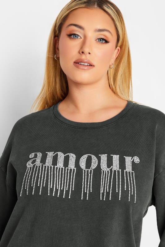YOURS LUXURY Plus Size Grey 'Amour' Diamante Embellished Sweatshirt | Yours Clothing 2