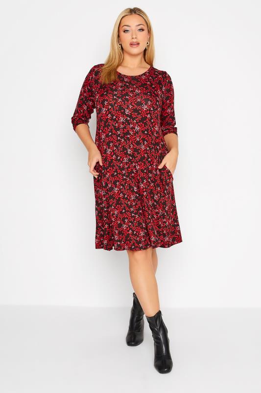 Plus Size Red Ditsy Print Drape Pocket Dress | Yours Clothing 2