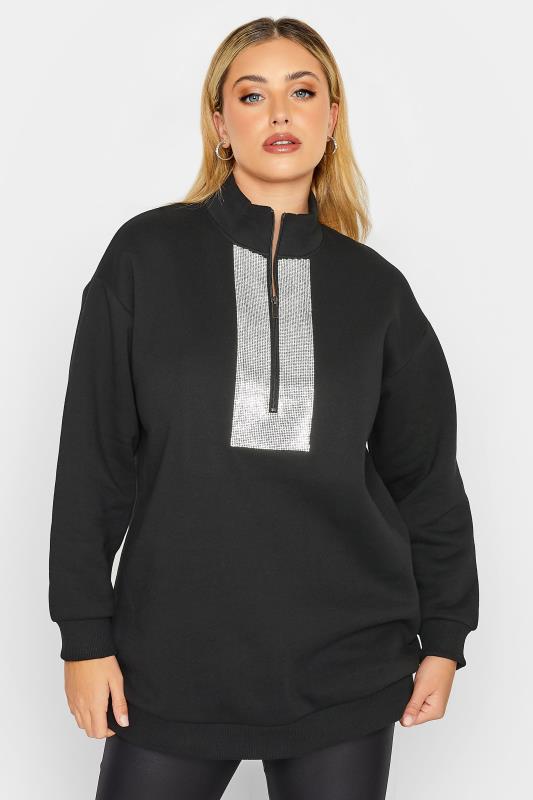 Curve Plus Size Black & Silver Sequin Embellished Half Zip Sweatshirt | Yours Clothing  1