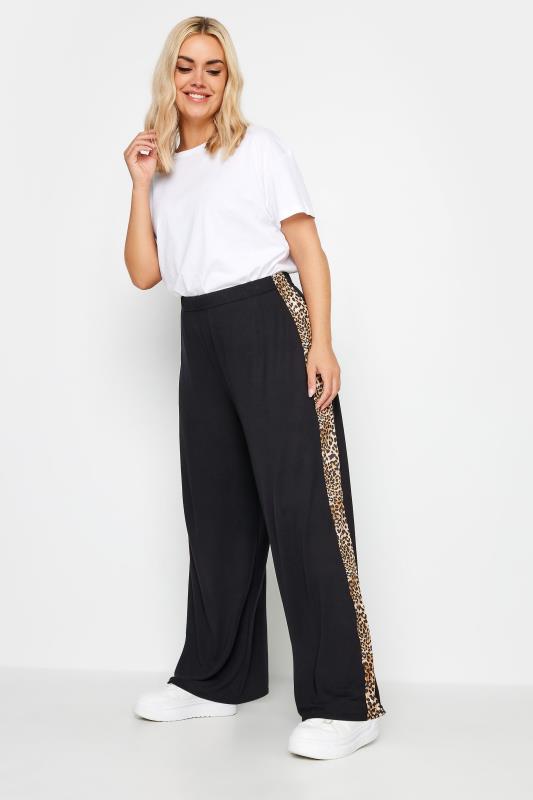 LIMITED COLLECTION Plus Size Black Leopard Print Stripe Wide Leg Trousers | Yours Clothing 2