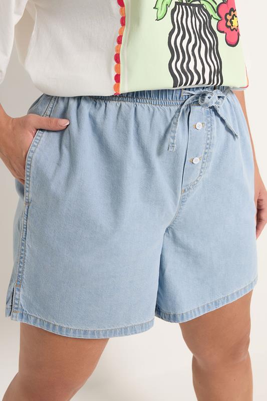 YOURS Plus Size Blue Tie Waist Denim Shorts | Yours Clothing 4