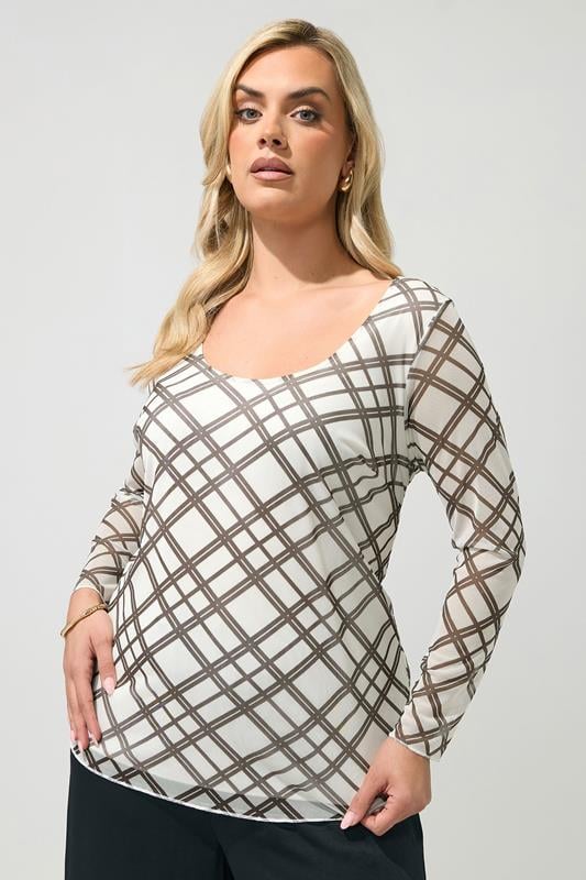 YOURS LONDON Plus Size Ivory White & Brown Check Top | Yours Clothing 1