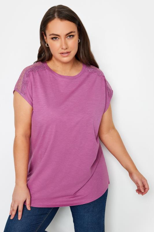 YOURS Plus Size Purple Lace Shoulder T-Shirt | Yours Clothing 1