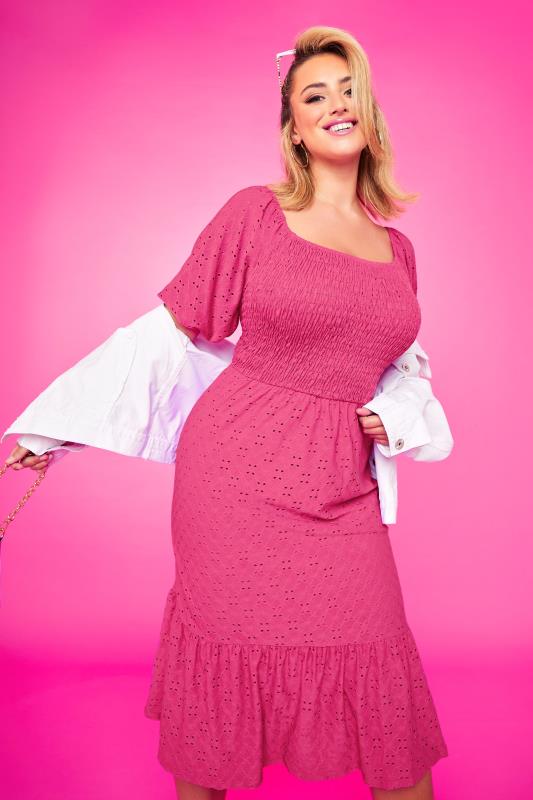 YOURS Plus Size Pink Shirred Broderie Anglaise Midaxi Dress | Yours Clothing 5