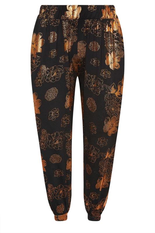 YOURS Plus Size Black Metallic Floral Print Cropped Harem Joggers | Yours Clothing 5