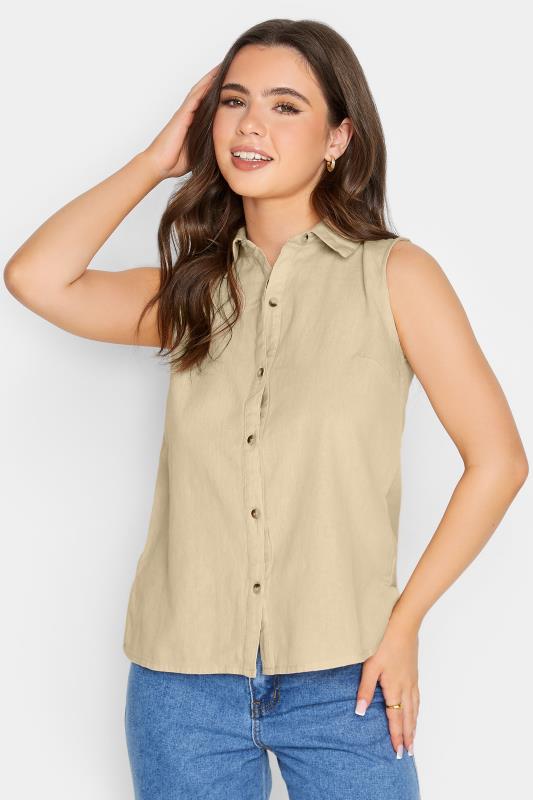 Petite Stone Brown Linen Blend Sleeveless Shirt | PixieGirl 1