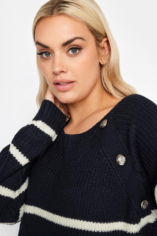 YOURS Plus Size Navy Blue Stripe Button Detail Jumper | Yours Clothing 4