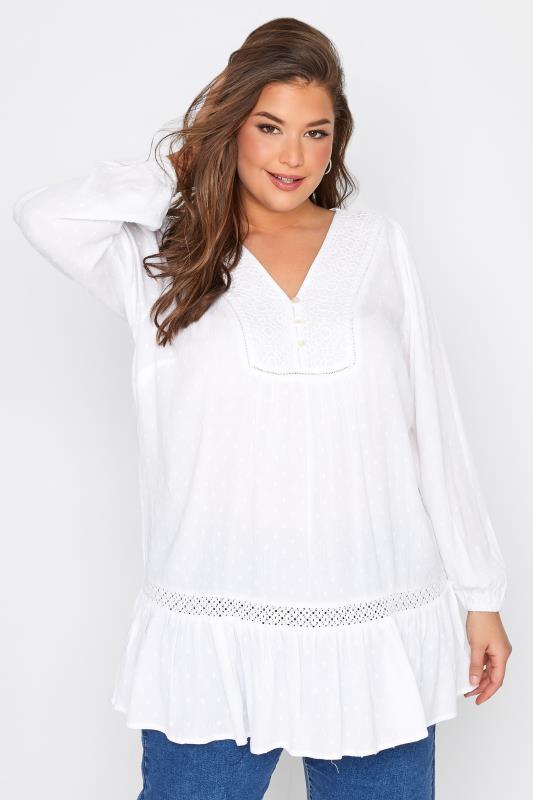  Grande Taille Curve White Dobby Tunic Blouse