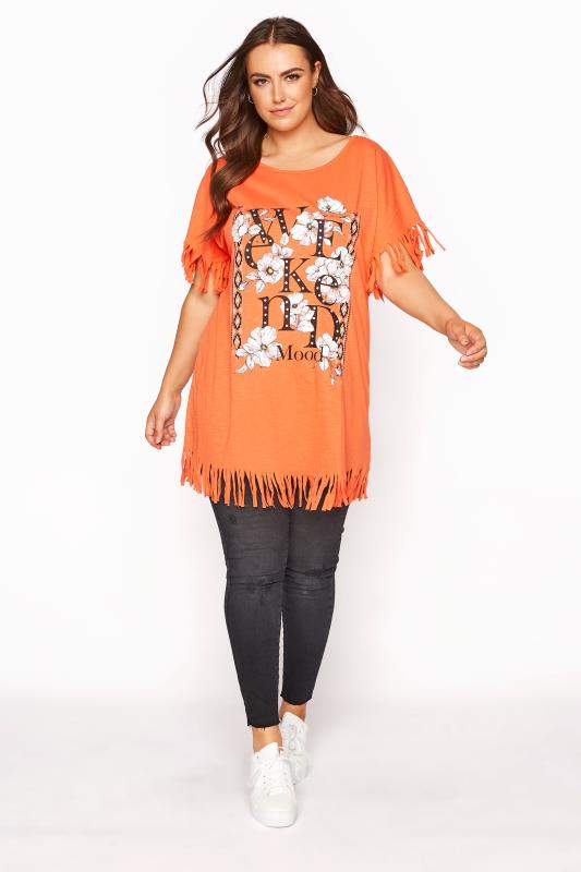 Curve Orange 'Weekend Mood' Slogan Fringe T-Shirt 2