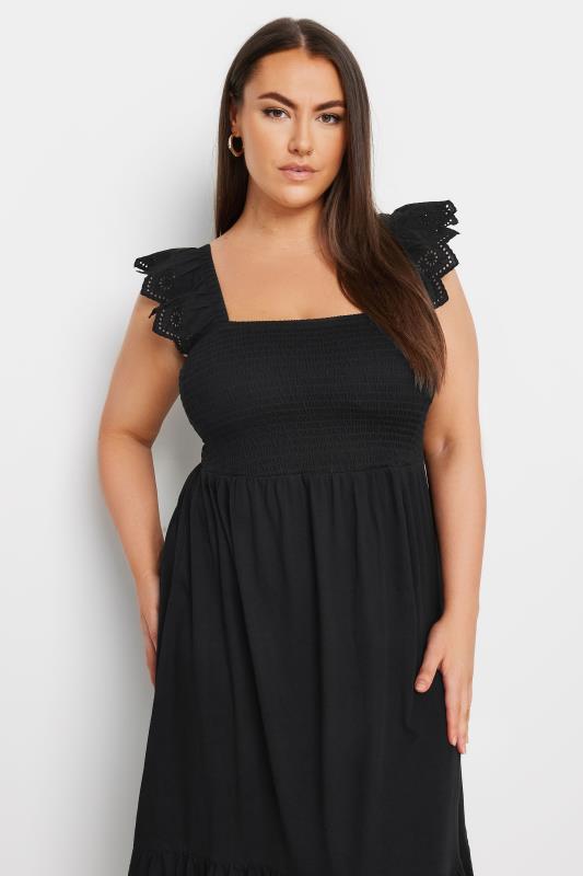 YOURS Plus Size Black Frill Sleeve Shirred Midaxi Dress | Yours Clothing 4