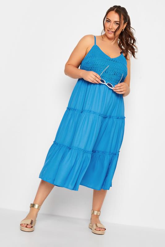 LIMITED COLLECTION Plus Size Curve Blue Crochet Tiered Midaxi Dress | Yours Clothing   1