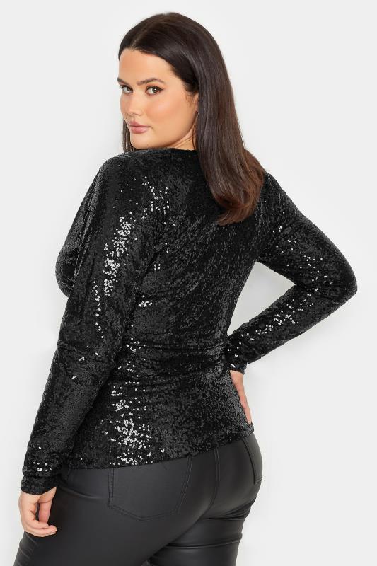 LTS Tall Women's Black Sequin Embellished Wrap Top | Long Tall Sally 3