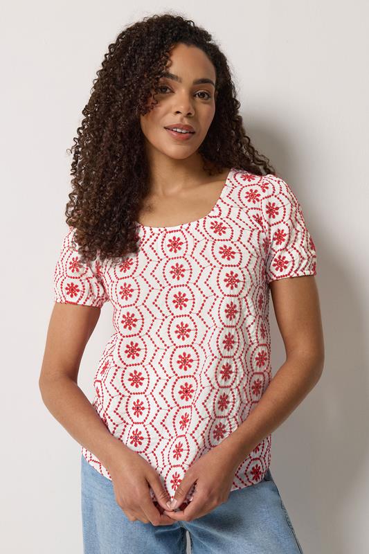 M&Co White & Red Floral Broderie Cotton Top | M&Co 2