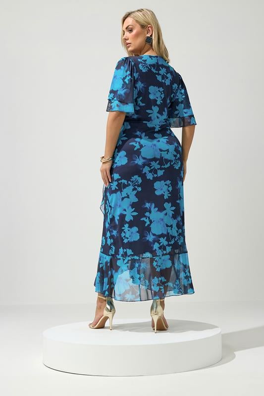 YOURS LONDON Plus Size Navy Blue Floral Mesh Ruffle Hem Dress | Yours Clothing 2