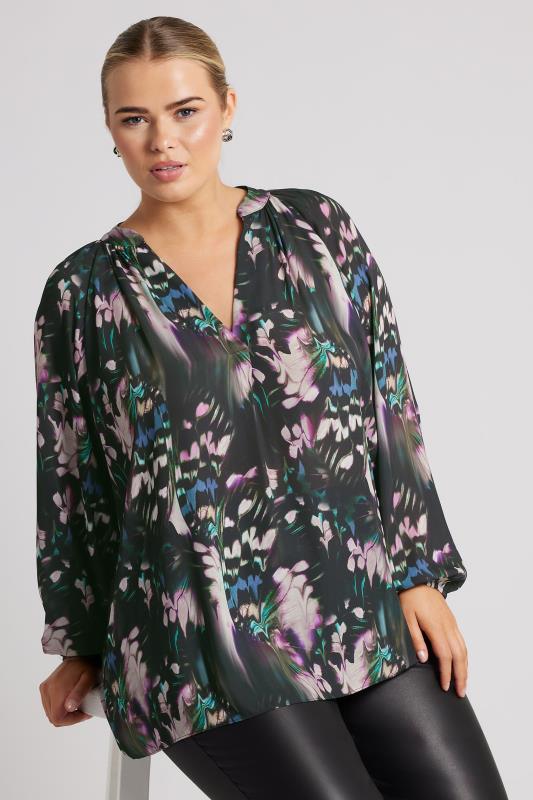 YOURS LONDON Plus Size Black Abstract Print Pleated Blouse | Yours Clothing 1