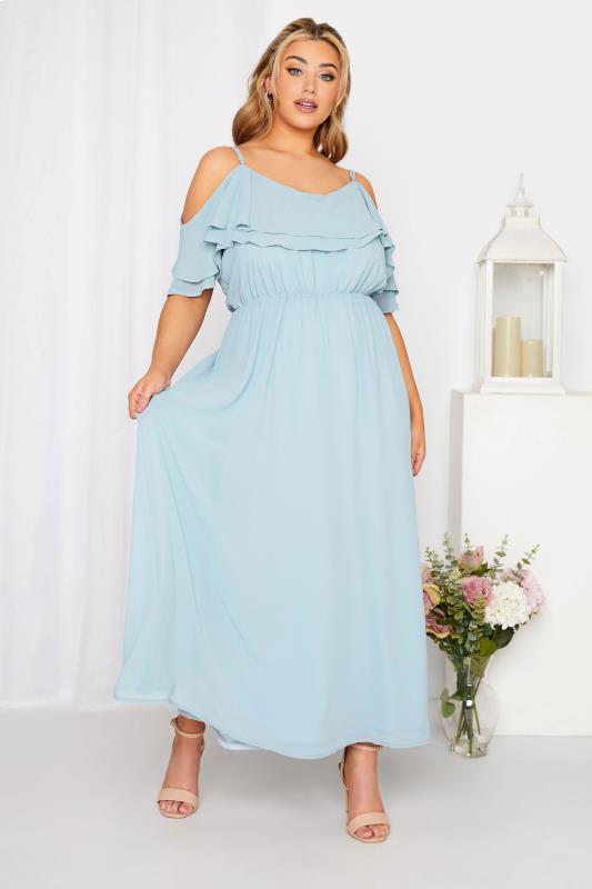 YOURS LONDON Curve Blue Bardot Ruffle Bridesmaid Maxi Dress 2