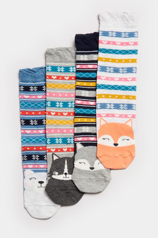 4 PACK Grey & Orange Fairisle Animal Print Socks | Yours Clothing 3