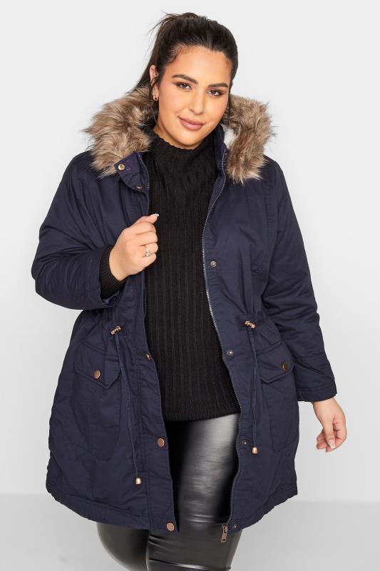YOURS PETITE Plus Size Navy Blue Faux Fur Trim Hooded Parka Coat | Yours Clothing 1