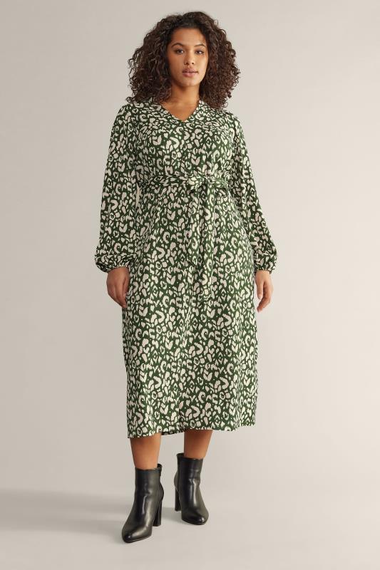 EVANS Curve Khaki Green Leopard Print Tie Waist Midi Dress | Evans  2