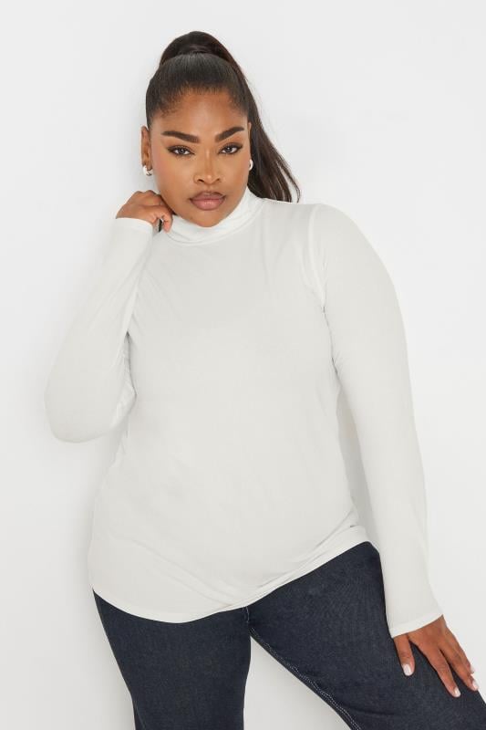 YOURS Plus Size White Long Sleeve Turtle Neck Top | Yours Clothing 1
