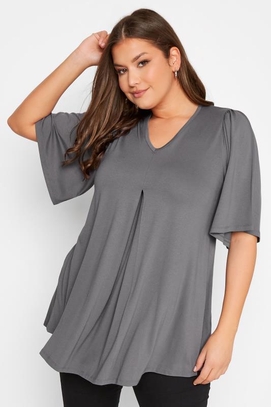 Plus Size Grey Pleat Angel Sleeve Swing Top | Yours Clothing 1