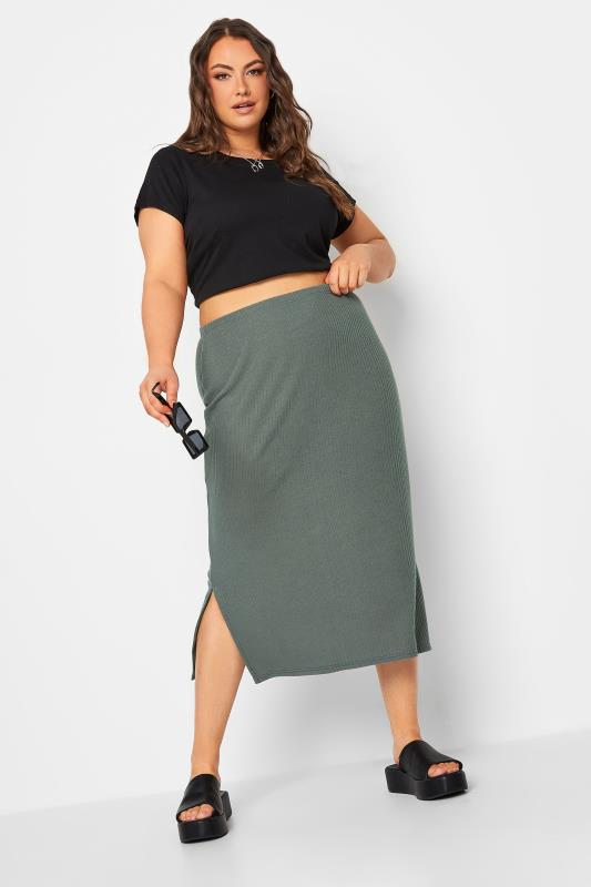 YOURS Plus Size Sage Green Ribbed Midi Skirt | Yours Clothing 4