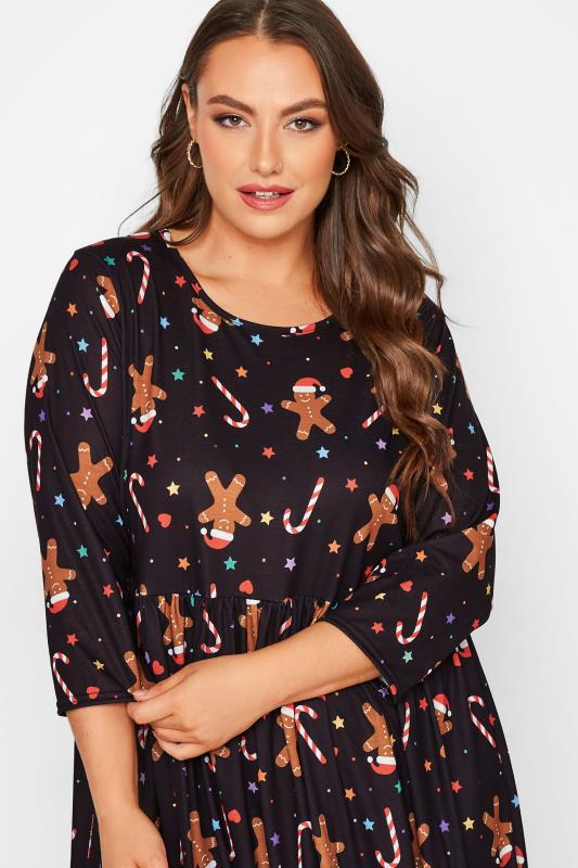 LIMITED COLLECTION Plus Size Black Christmas Gingerbread Print Smock Dress | Yours Clothing 4