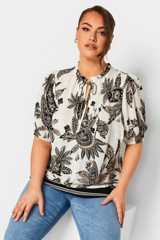 YOURS Plus Size White Floral Border Print Neck Tie Blouse | Yours Clothing 1