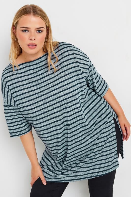 YOURS Plus Size Blue Stripe Oversized Linen T-Shirt | Yours Clothing 1