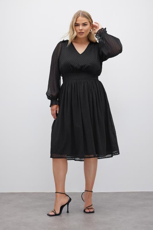 YOURS LONDON Plus Size Black Dobby Midi Dress Yours Clothing