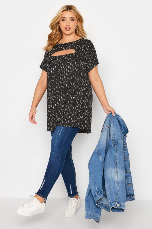 Plus Size Black 'Love' Print Cut Out Top | Yours Clothing  2