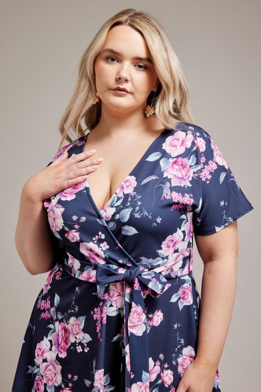 YOURS LONDON Plus Size Navy Blue Floral Wrap Dress | Yours Clothing 2