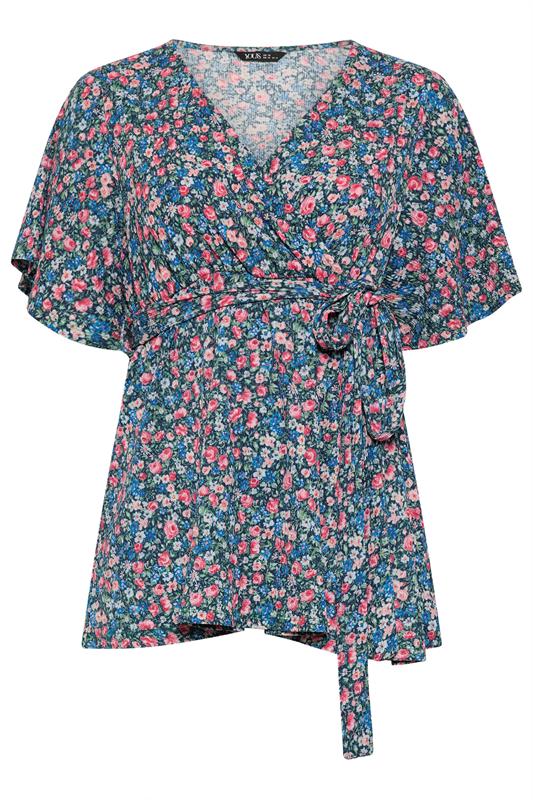 YOURS Plus Size Blue Floral Textured Wrap Top | Yours Clothing 5