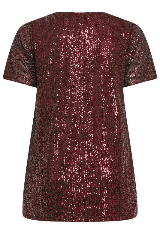YOURS LONDON Plus Size Burgundy Red Sequin Embellished Swing Top | Yours Clothing 6