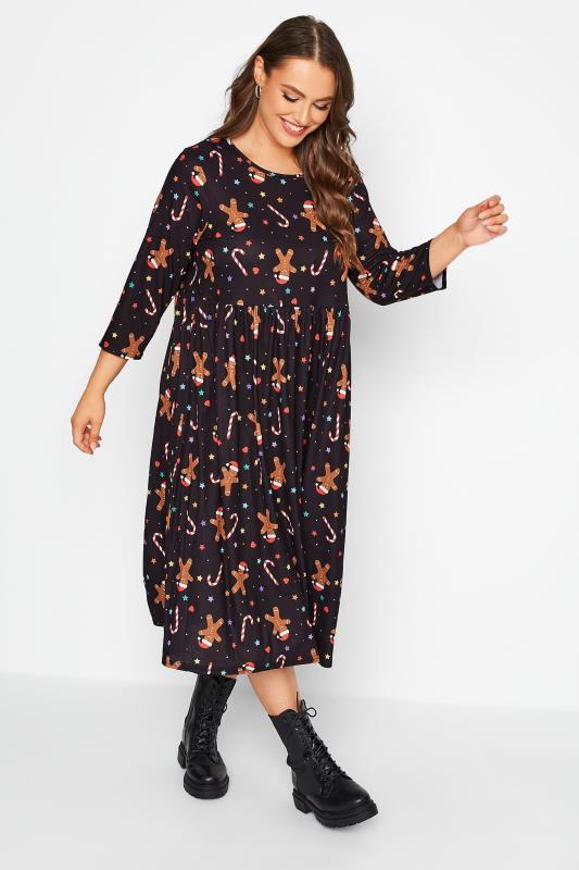 LIMITED COLLECTION Plus Size Black Christmas Gingerbread Print Smock Dress | Yours Clothing 1