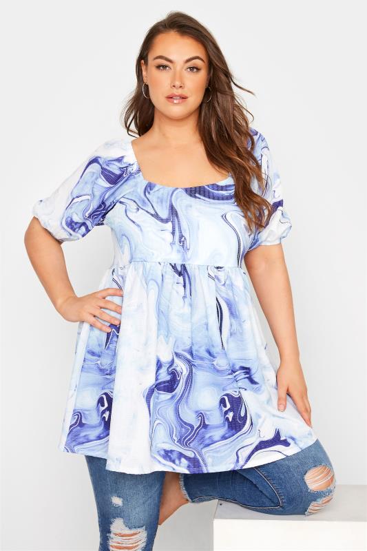 LIMITED COLLECTION Curve Blue Marble Print Milkmaid Top 1