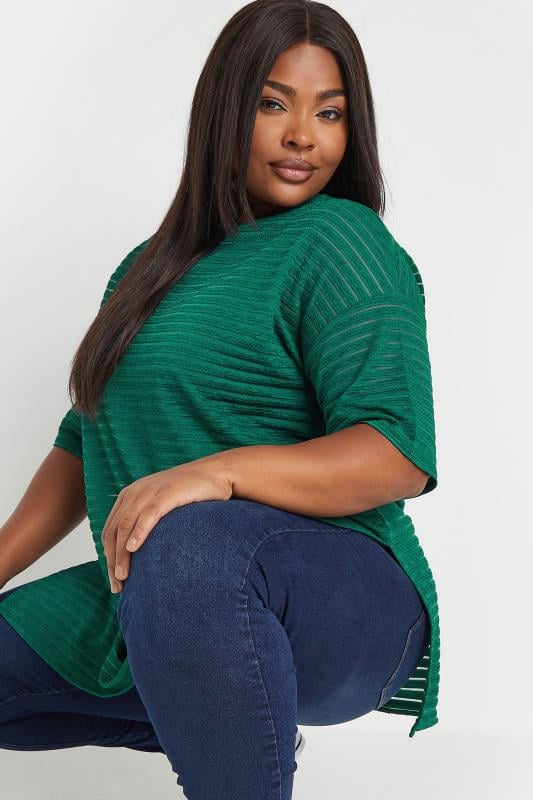 YOURS Plus Size Green Mesh Short Sleeve Stripe Top | Yours Clothing  4