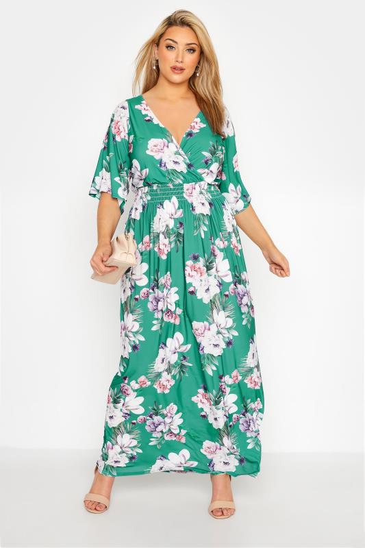 YOURS LONDON Curve Green Floral Shirred Waist Maxi Dress_B.jpg