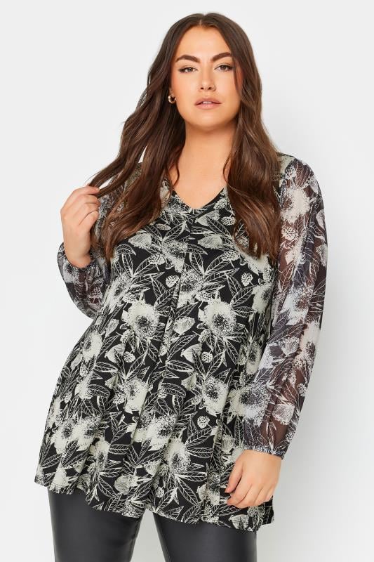 Plus Size  YOURS Curve Black Floral Mesh Sleeve Top