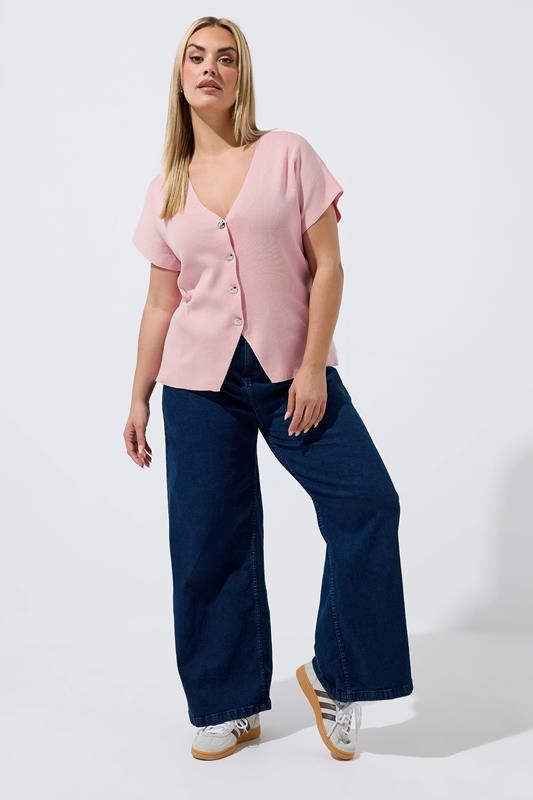LIMITED COLLECTION Plus Size Light Pink Short Sleeve Knitted Top | Yours Clothing 1