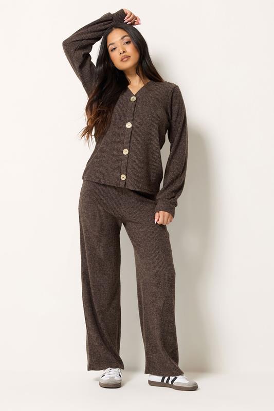  PixieGirl Petite Set Chocolate Brown Ribbed Cardigan & Wide Leg Trousers