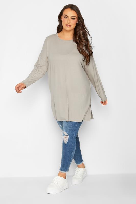YOURS Plus Size Curve Beige Brown Side Split T-Shirt | Yours Clothing