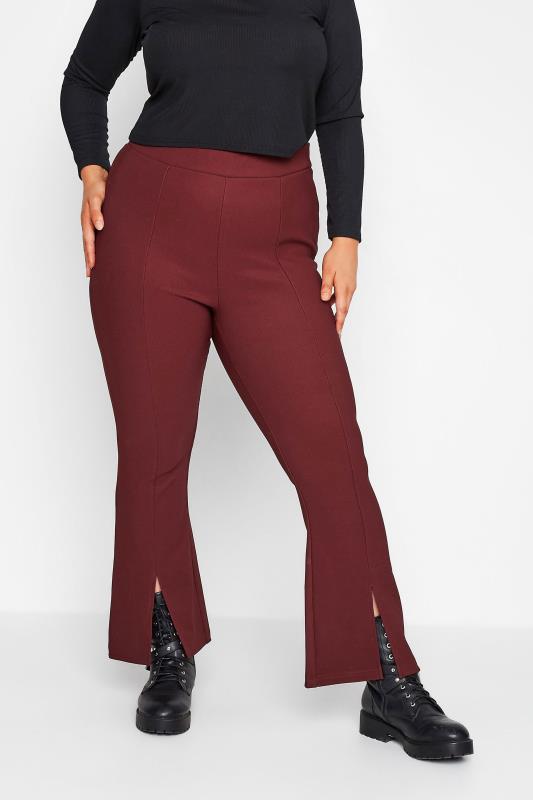 Plus Size  Curve Burgundy Red Split Front Stretch Flared Leggings