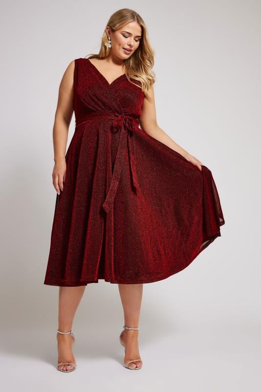 YOURS LONDON Plus Size Red Metallic Wrap Skater Dress | Yours Clothing 3