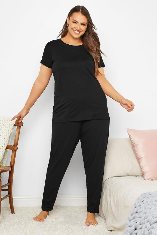 Plus Size Black Tapered Pyjama Bottoms | Yours Clothing 2