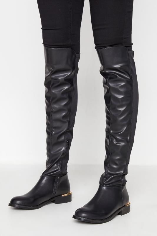 LTS Black Faux Leather Over The Knee Stretch Boots In Standard D Fit 2